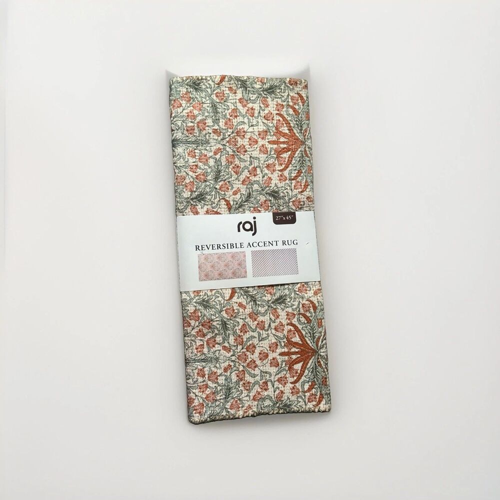 Raj Reversible Accent Rug 27x45 Floral Geometric Gray Coral Cottagecore Boho